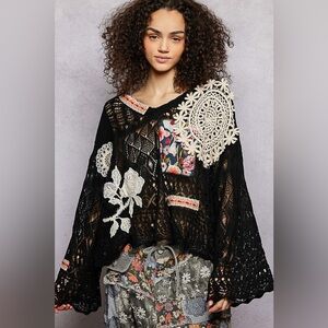 POL Bohemian Black Floral Patchwork Crochet Sweater